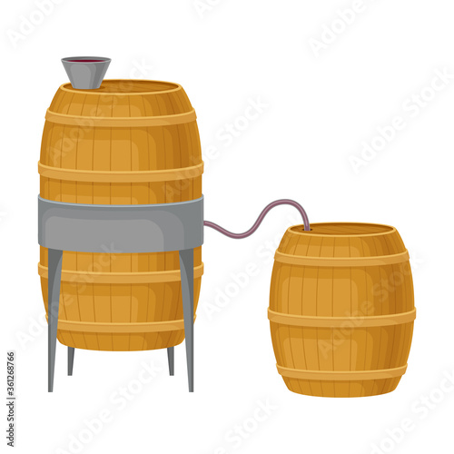 Grape Wine Pouring in Wooden Barrels for Storing in Cellar Vector Illustration