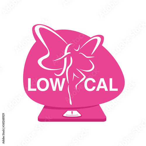 Low cal illustration  - stamp for packaging of low calories diet food products - woman silhouette with butterfly wings standing on weight scales