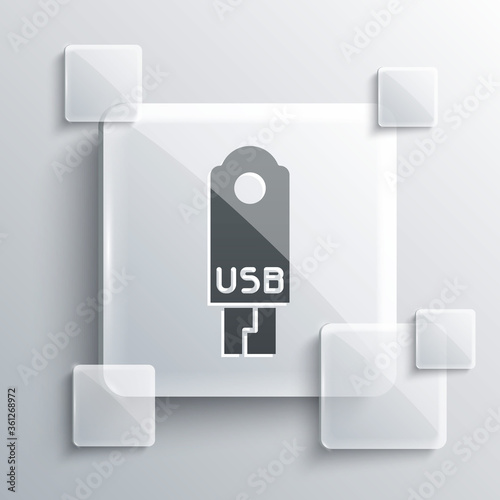 Grey USB flash drive icon isolated on grey background. Square glass panels. Vector Illustration.