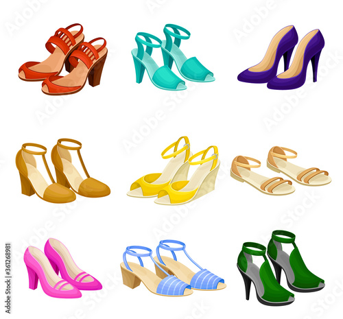 Womens Shoes with High Heels and Flat Sole Vector Set