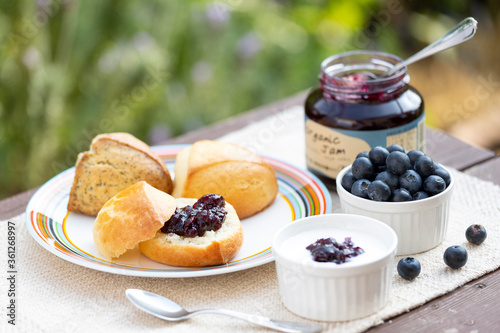 Blueberry jam and scorn with yoghurt