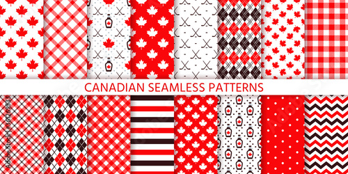 Canada seamless pattern. Vector. Backgrounds with maple leaf, hockey sticks, syrup, polka dot, rhombus and checkered. Happy Canada day texture. Set Canadian prints. Red brown illustration. 