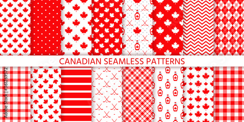 Canada seamless pattern. Vector. Happy Canada day prints. Backgrounds with maple leaf, hockey sticks, syrup, polka dot, rhombus and plaid. Set Canadian texture. Red white illustration. Wrapping paper.