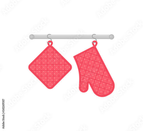 Oven mitt and potholder hanging on rack. Vector. Kitchen accessory isolated on white background. Cooking mitten, oven-glove in flat design. Kitchenware icon. Color cartoon illustration.