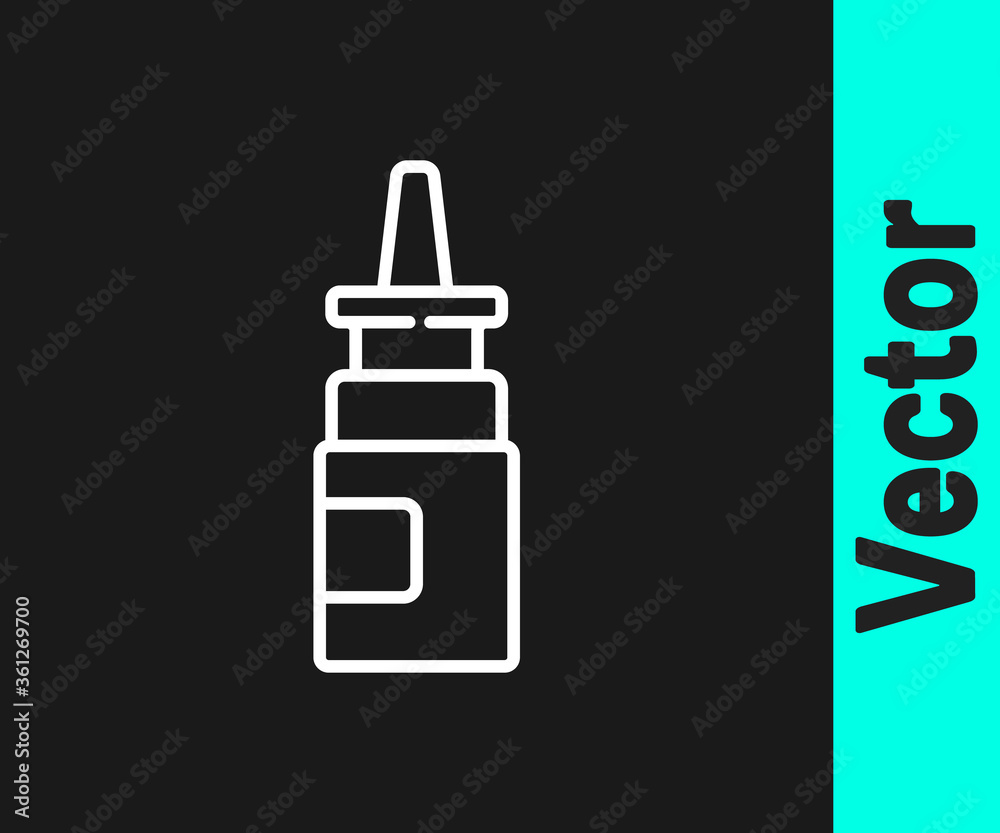 White line Bottle nasal spray icon isolated on black background. Vector Illustration. White line Bottle nasal spray icon isolated on black background. Vector Illustration.
