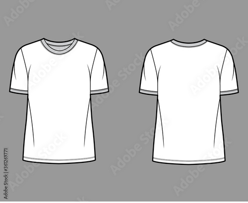 T-shirt technical fashion illustration with crew neck, fitted oversized body short sleeves, flat style. Apparel template front and back white color. Women and men unisex garment mockup for designer.