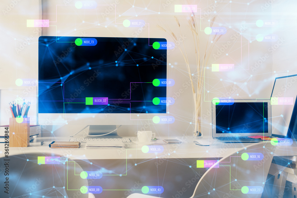 Double exposure of desktop with personal computer on background and tech theme drawing. Concept of Bigdata. Double exposure of desktop with personal computer on background and tech theme drawing. Concept of Bigdata.