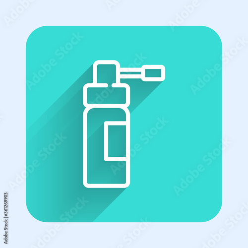 White line Medical bottle with nozzle spray for the treatment of diseases of the nose and throat icon isolated with long shadow. Green square button. Vector Illustration.