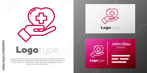 Logotype line Heart with a cross icon isolated on white background. First aid. Healthcare, medical and pharmacy sign. Logo design template element. Vector Illustration.