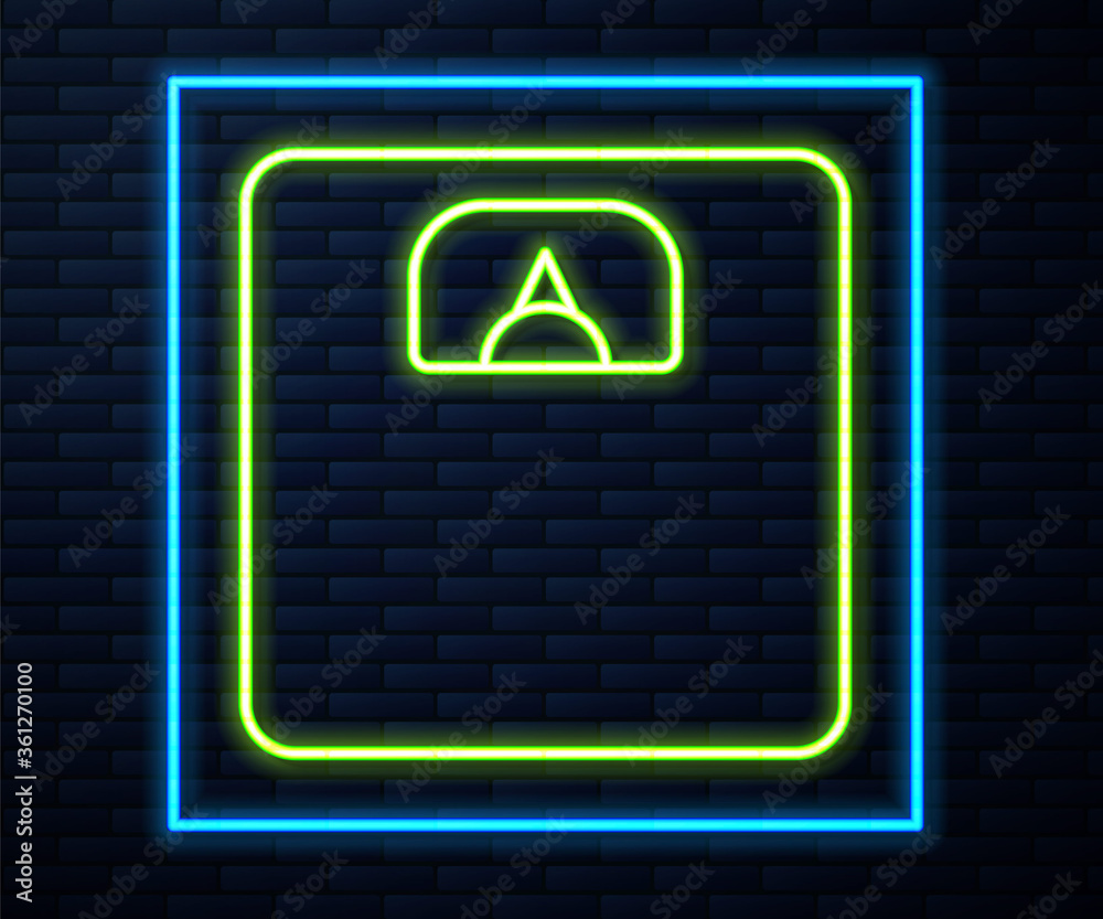 Glowing neon line Bathroom scales icon isolated on brick wall background. Weight measure Equipment. Weight Scale fitness sport concept. Vector Illustration. Glowing neon line Bathroom scales icon isolated on brick wall background. Weight measure Equipment. Weight Scale fitness sport concept. Vector Illustration.
