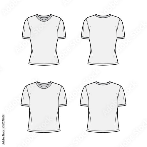 T-shirt technical fashion illustration set with crew neck, fitted and oversized body, short sleeves, flat. Apparel template front and back grey color. Women and men unisex garment designer mockup