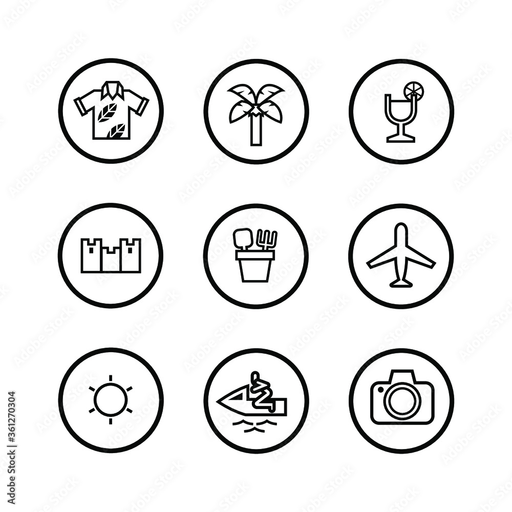 Set of summer Icon set. Life style on a tropical land. Travel concept outline isolated on white background. vacation on the beach Icons. Set of summer Icon set. Life style on a tropical land. Travel concept outline isolated on white background. vacation on the beach Icons.