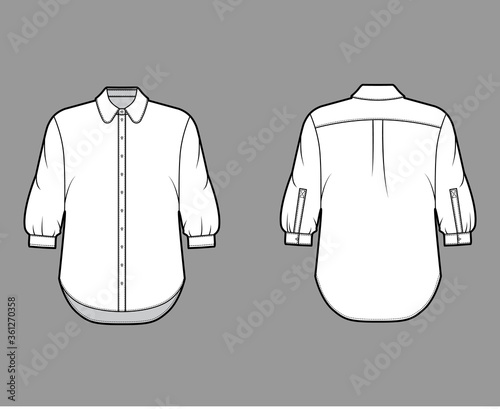 Classic shirt technical fashion illustration with button down front opening, round collar, elbow sleeves with cuff, oversized body. Flat apparel template front back white color. Women, men unisex CAD