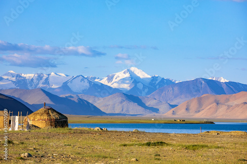 National Kyrgyz yurt in the Pamirs, on the azure Karakul lake. Tajikistan.