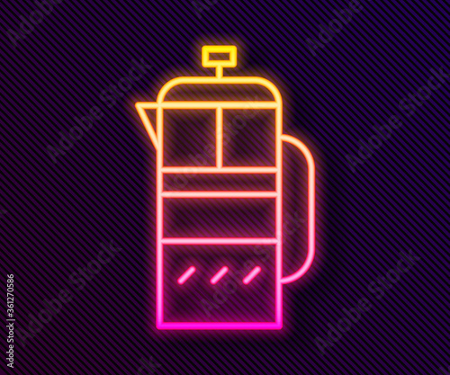 Glowing neon line French press icon isolated on black background. Vector Illustration.