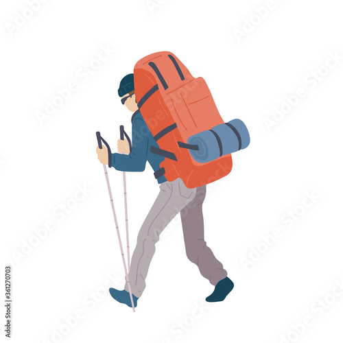 Man with hiking backpack and trekking sticks walking with his back. Young guy explorer or traveller in sportswear. Adventure tourism, travel and discovery flat vector illustration.