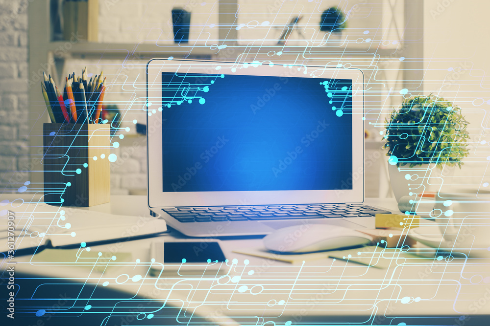 Fototapeta premium Multi exposure of desktop computer and technology theme hologram. Concept of software development.