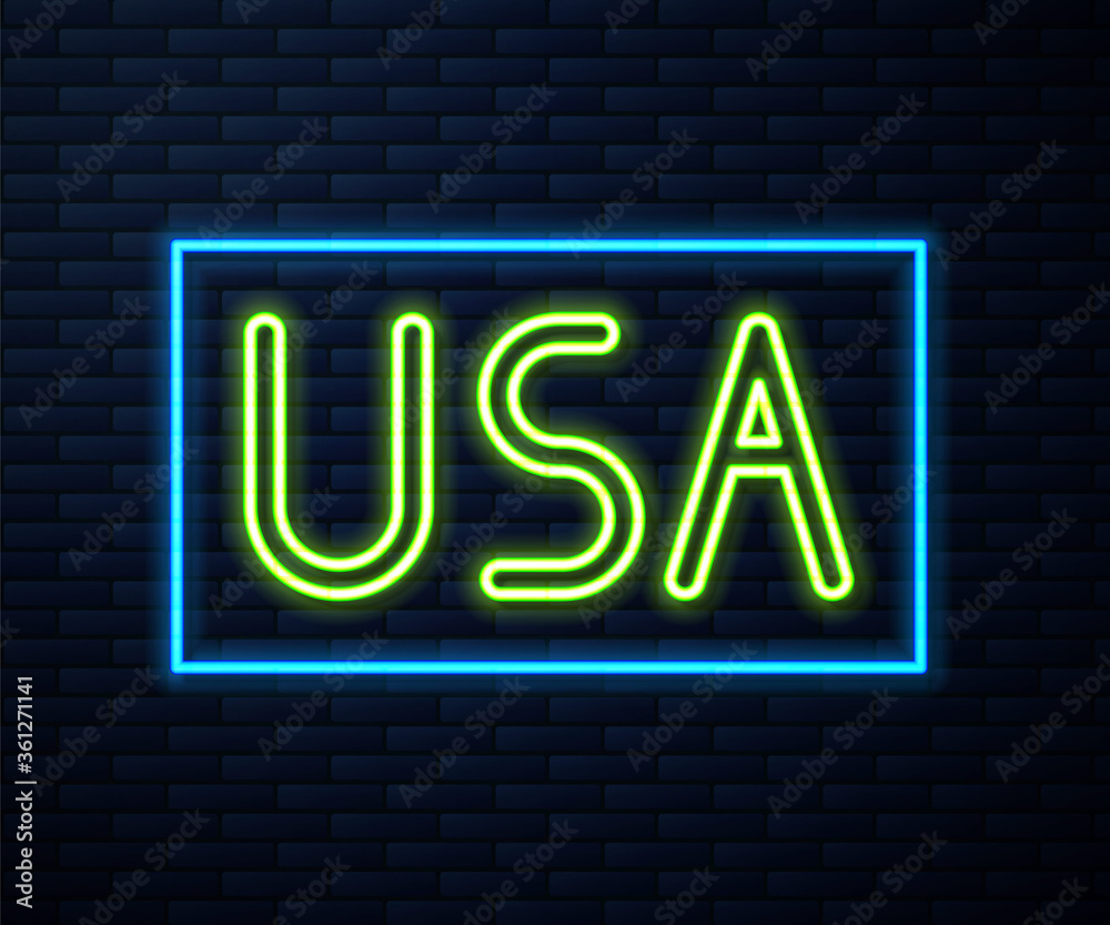 Glowing neon line USA label icon isolated on brick wall background. United States of America. Vector Illustration. Glowing neon line USA label icon isolated on brick wall background. United States of America. Vector Illustration.