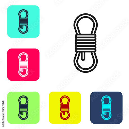 Black line Climber rope icon isolated on white background. Extreme sport. Sport equipment. Set icons in color square buttons. Vector Illustration.