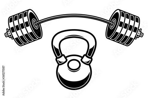 Illustration of barbell and kettlebell in engraving style. Design element for logo, emblem, sign, poster, card, banner. Vector illustration