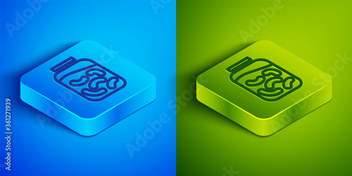 Isometric line Pickled cucumbers in a jar icon isolated on blue and green background. Square button. Vector Illustration.
