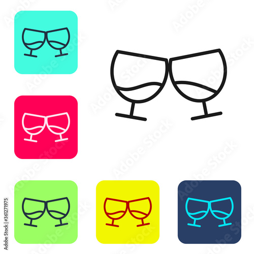 Black line Glass of cognac or brandy icon isolated on white background. Set icons in color square buttons. Vector Illustration.