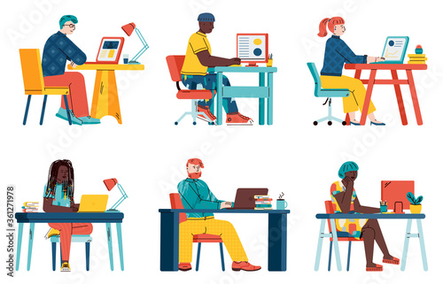 People with laptop computers behind office desk or table - isolated set of cartoon students learning. Online education concept - vector illustration on white background.