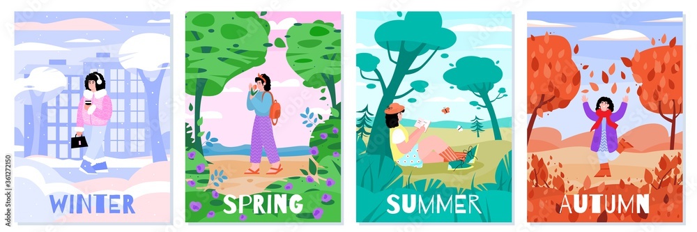 Posters set of the seasons - winter and spring, summer and autumn with young girl cartoon character in a landscape flat vector illustration. Four seasons cards bundle. Posters set of the seasons - winter and spring, summer and autumn with young girl cartoon character in a landscape flat vector illustration. Four seasons cards bundle.