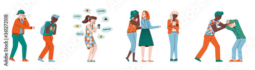 School bully and victim set - cartoon children bullying a kid, cyberbullying and fighting isolated on white background. Vector illustration of teenager abuse and harassment