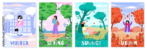 Posters set of the seasons - winter and spring, summer and autumn with young girl cartoon character in a landscape flat vector illustration. Four seasons cards bundle.