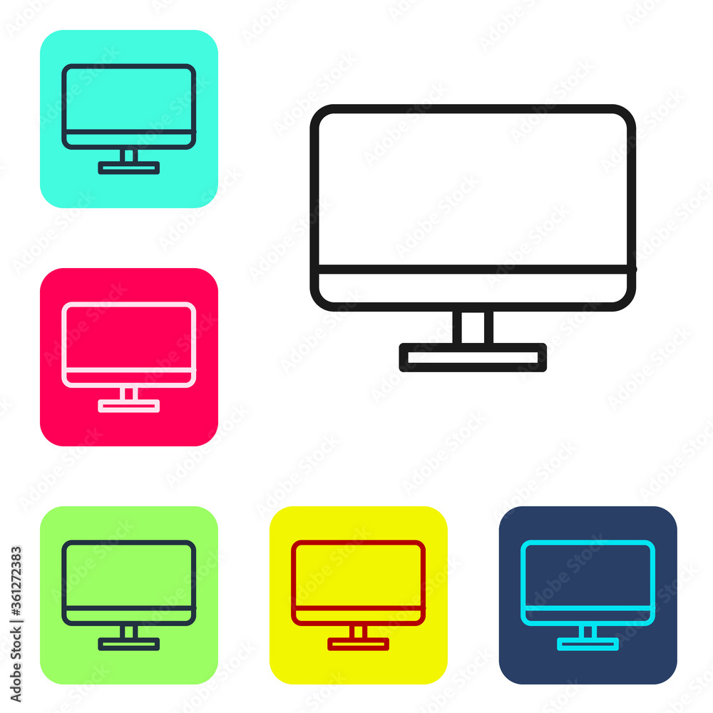 Black line Computer monitor screen icon isolated on white background. Electronic device. Front view. Set icons in color square buttons. Vector Illustration.