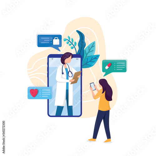 Smartphone screen with female therapist on chat in messenger and an online consultation. Vector flat illustration. Ask doctor. Online medical advise or consultation service, tele medicine