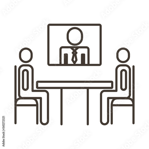 businessmen teamwork figures in table with teleconference line style