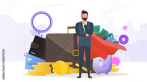 Successful businessman. A large suitcase, wallet, credit card, gold coins, dollars. The concept of profit, cashback or wealth. Banner on the theme of finance. Vector.