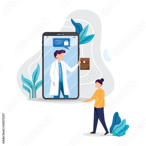 Smartphone screen with female therapist on chat in messenger and an online consultation. Vector flat illustration. Ask doctor. Online medical advise or consultation service, tele medicine