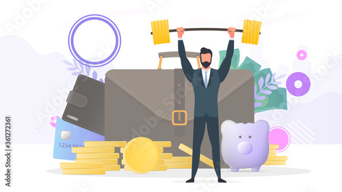 Businessman raises barbell
 on the background of a portfolio with credit cards and gold coins. The concept of savings and accumulation of money. Suitable for presentations and business articles.
