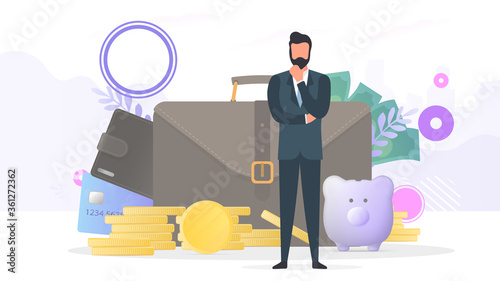 Successful businessman. A large suitcase, wallet, credit card, gold coins, dollars. The concept of profit, cashback or wealth. Banner on the theme of finance. Vector.