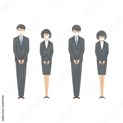 ビジネスシーン：マスクを付けてお辞儀をする男女1（主線なし）
