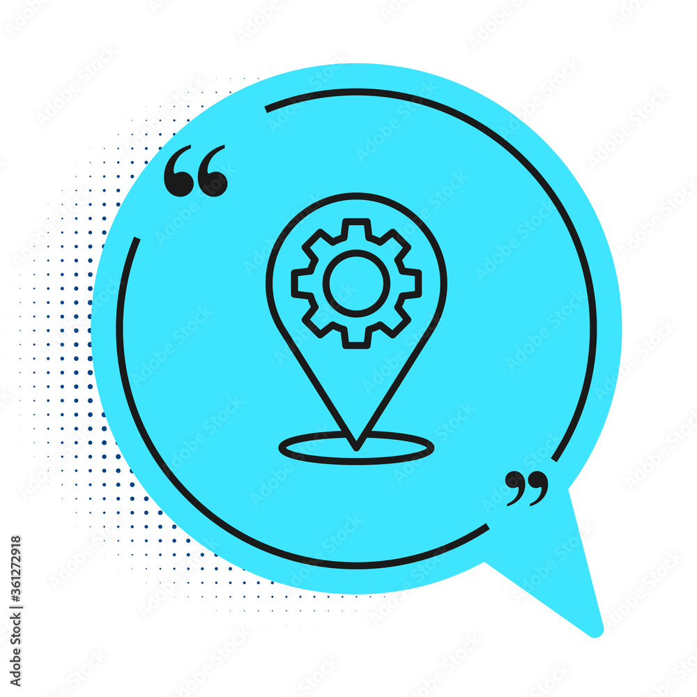 Black line Location with gear icon isolated on white background. Blue speech bubble symbol. Vector Illustration. Black line Location with gear icon isolated on white background. Blue speech bubble symbol. Vector Illustration.