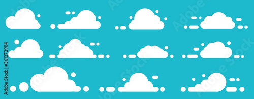 Blue sky and white clouds. Set vector elements clouds flat style illustration. Collection of different forms of clouds. Design elements for weather or cloud storage applications.