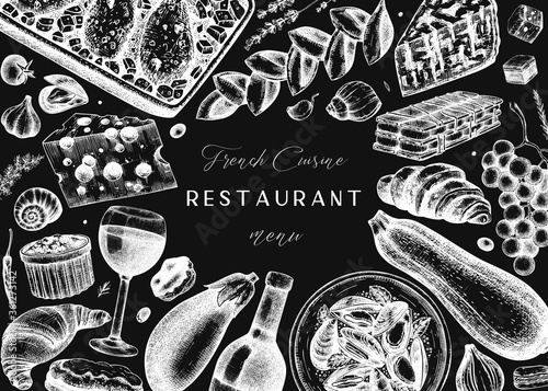 French food and drinks frame on a chalkboard. Engraved style meat dishes, snacks, desserts, beverages sketches. French cuisine food illustrations template. 