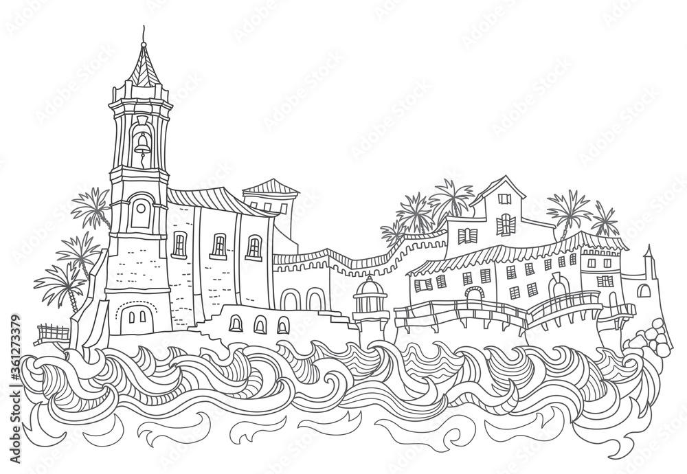 Vector fantasy urban Mediterranean landscape with sea waves, medieval European old town castle, fairytale buildings.Hand drawn doodle sketch. Tee shirt print, brochure cover, adults coloring book page