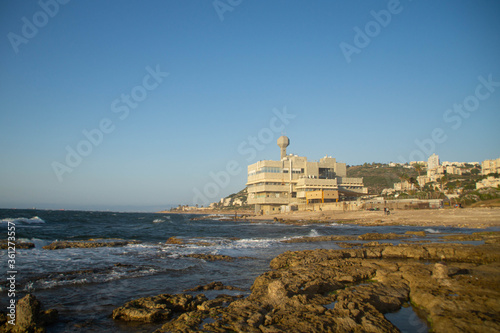 Riffs of Mediterranean sea in front of the National Institute of Oceanography of Haifa.