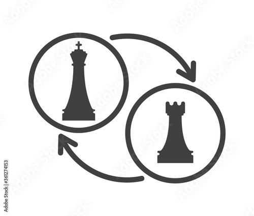 Black and white chess castling sign. Chess game tournament and professional sport competition symbol. Chess play vector illustration. Queen and rook figures isolated on white background.