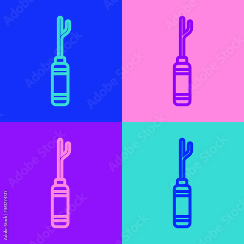 Pop art line Awl tool with wooden handle icon isolated on color background. Work equipment tailor industry. Vector Illustration.