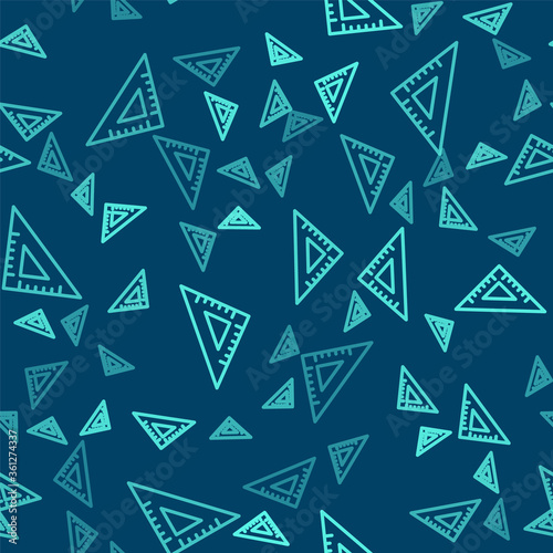 Green line Triangular ruler icon isolated seamless pattern on blue background. Straightedge symbol. Geometric symbol. Vector Illustration.