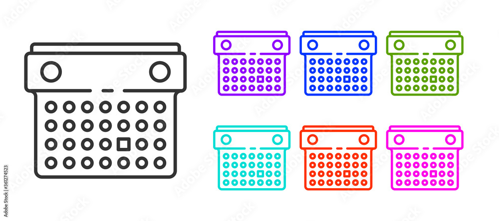 Black line Calendar icon isolated on white background. Event reminder symbol. Set icons colorful. Vector Illustration. Black line Calendar icon isolated on white background. Event reminder symbol. Set icons colorful. Vector Illustration.