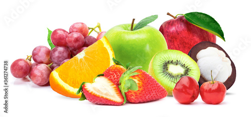 Fototapeta Naklejka Na Ścianę i Meble -  Pile of various types of fresh organic fruits ( red strawberry, green apple, mangosteen, kiwi, orange, acerola cherry and grapes fruit ) isolated on white background. 