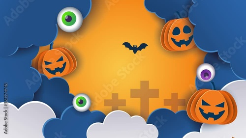 Halloween animation. Halloween concept pumpkins in the clouds, bright background. Fun 3D animation on the theme of Halloween
