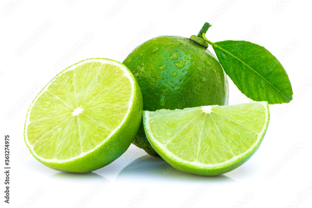 Closeup green lime fruit with leaf isolated on white background. 